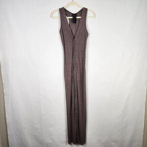 Heather Ribbed Full Button Up Bodycon Racerback Maxi Dress S